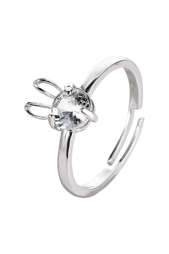 Bridal Shower Rings Silver Rabbit Simulated Diamond Engagement Rings for Wedding Adjustable Promise Ring Easter Birthday Gifts for Women Jewelry
