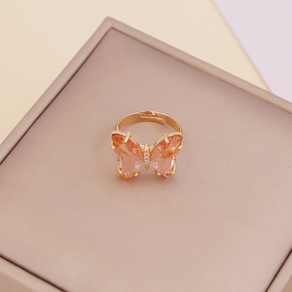 Guodhu Butterfly Crystal Adjustable Birthstone Rings for Women Teen Jewelry Boho Trendy Iridescent Y2K Dainty Butterfly Jewelry Gifts for Girlfriend Daughter