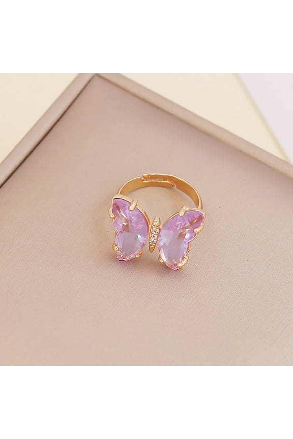 Guodhu Butterfly Crystal Adjustable Birthstone Rings for Women Teen Jewelry Boho Trendy Iridescent Y2K Dainty Butterfly Jewelry Gifts for Girlfriend Daughter