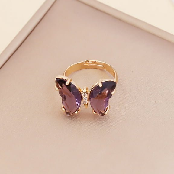 Guodhu Butterfly Crystal Adjustable Birthstone Rings for Women Teen Jewelry Boho Trendy Iridescent Y2K Dainty Butterfly Jewelry Gifts for Girlfriend Daughter