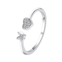 Guodhu Butterfly Heart Ring for Women Silver Gold Plated Heart Ring Simple Stackable Rings for Women Teen Adjustable Promise Rings Jewelry Gifts