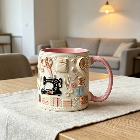 Guodhu Ceramic Coffee Mug for Sewing Lovers Funny Sewing Themed Holiday Drinking Cup for Female Crafters, Microwave Dishwasher Safe(Pink)