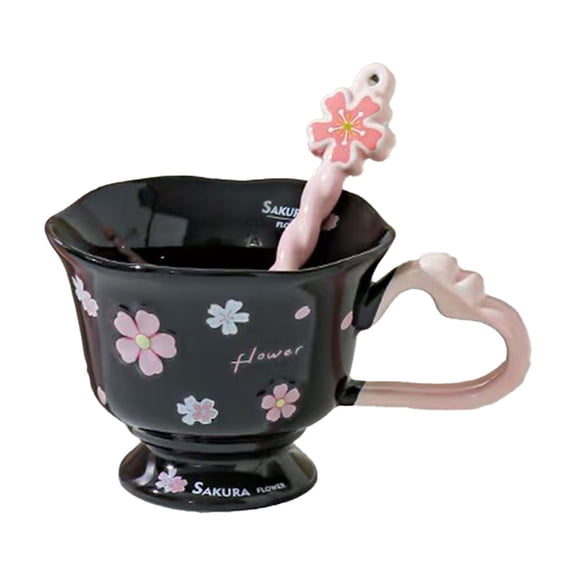 Guodhu Ceramic Coffee Mug with Spoon and Gift Box - Heart Handle Flower Cup for Mother's Day, Cute Tea Coffee Mug Gift Set(Black)