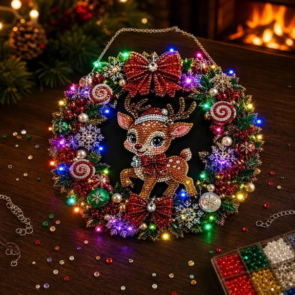 Guodhu Christmas Pearl Diamond Painting Kit with LED String Lights, 9.84 Inch DIY Acrylic Diamond Art Suncatcher Wreath with Pearl Beads and LED String Lights, Holiday Craft Gift(Reindeer)