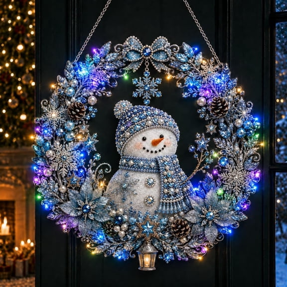 Guodhu Christmas Pearl Diamond Painting Kit with LED String Lights, 9.84 Inch DIY Acrylic Diamond Art Suncatcher Wreath with Pearl Beads and LED String Lights, Holiday Craft Gift(Snowman C)