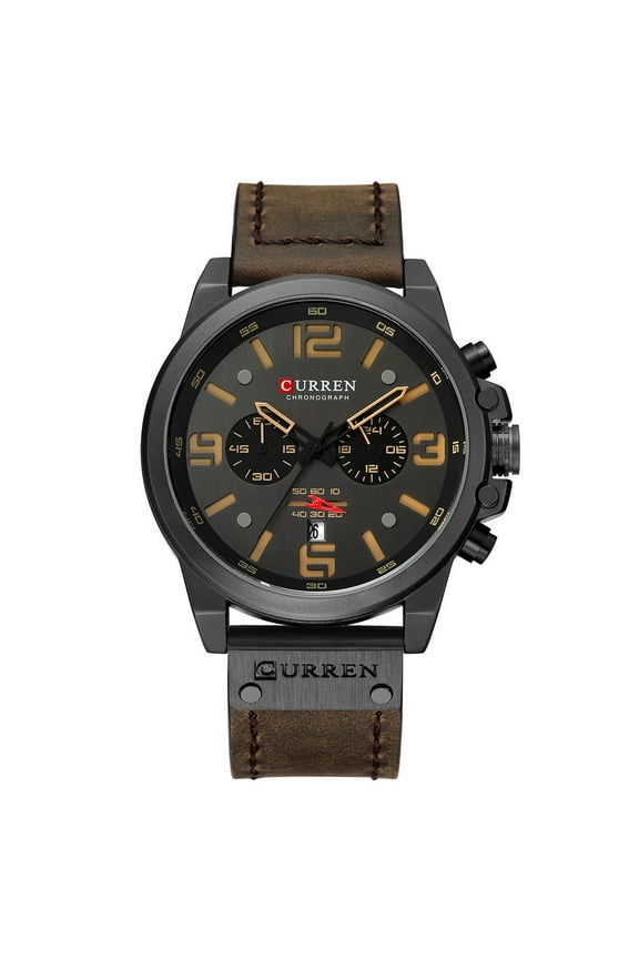 Classic Mens Military Analog Quartz Watch Leather Strap Chronograph Calendar Display Sandwich Dial Multifunctional Wrist Watch Business Waterproof Dress Watches for Men