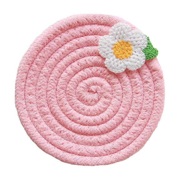 Guodhu Cotton Rope Floral Coaster Handmade Woven Coaster with Small Flower Pattern, Pink Boho Cup Mat Heat Absorbent Coaster Macrame Coaster 4.7 Inch for Coffee Table Kitchen Home Decor