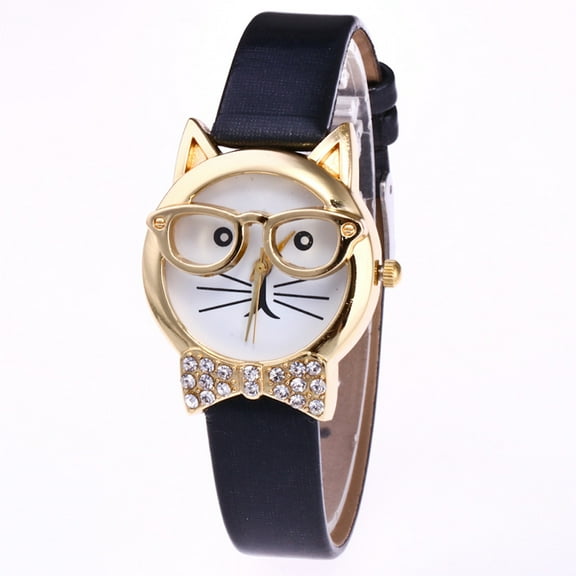 Guodhu Creative Women's Casual Mr Cat Watch Leather Strap Crystal Wrist Watch Analog Quartz Watches Jewelry Personalized Gifts for Women
