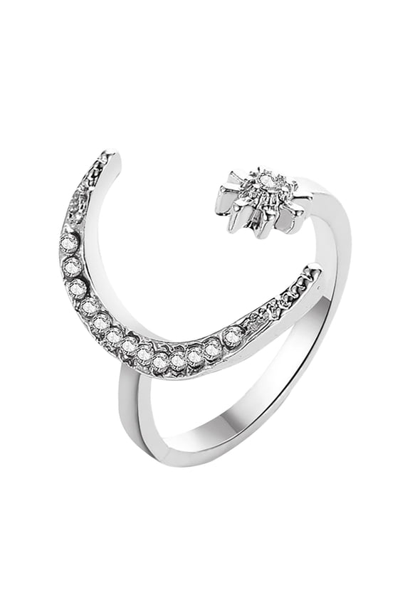 Crescent Moon Stars Open Ring for Women Gold/Silver/Rose Gold Plated Star and Moon Adjustable Rings Cubic Zirconia Minimalist Ring Jewelry for Women