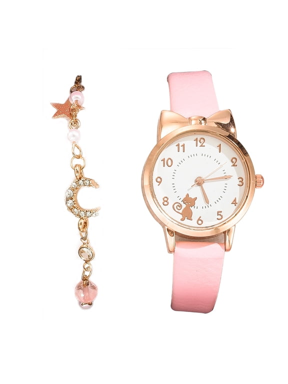 Cute Cat-Ear Shaped Bow Watches Bracelets for Women - Dainty Gold Plated Tone Bracelets Watch Set for Ladies Teen Jewelry Anniversary Birthday Christmas Gifts for Her
