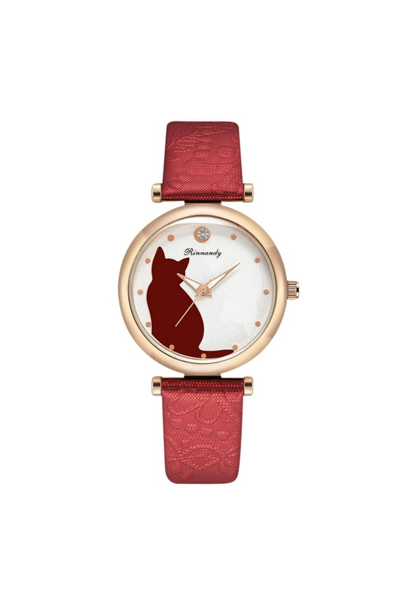 Cute Cat Pattern Analog Quartz Dial Leather Band Watch Casual Wrist Watches Gifts for Women Teen Student