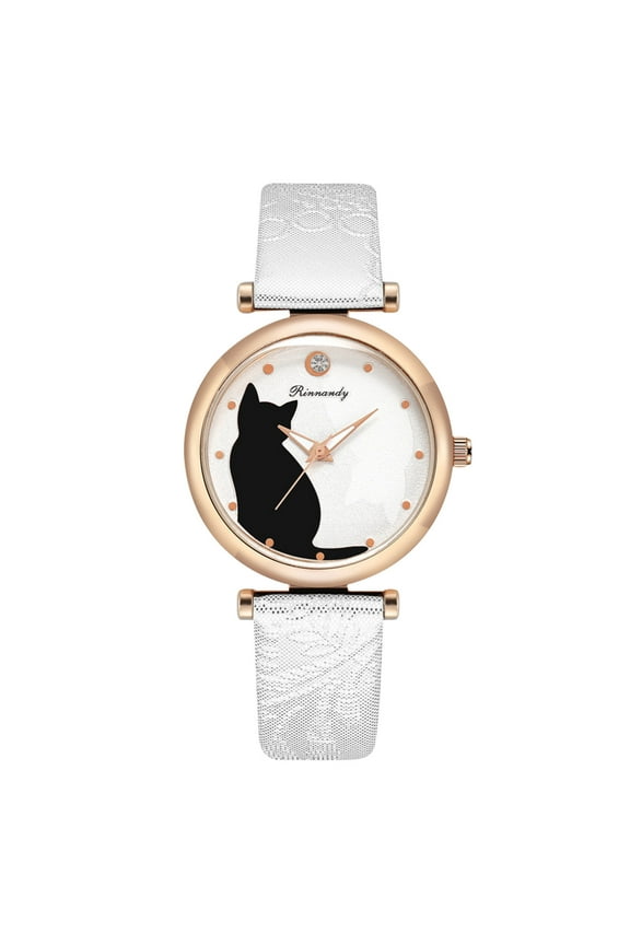 Cute Cat Pattern Analog Quartz Dial Leather Band Watch Casual Wrist Watches Gifts for Women Teen Student