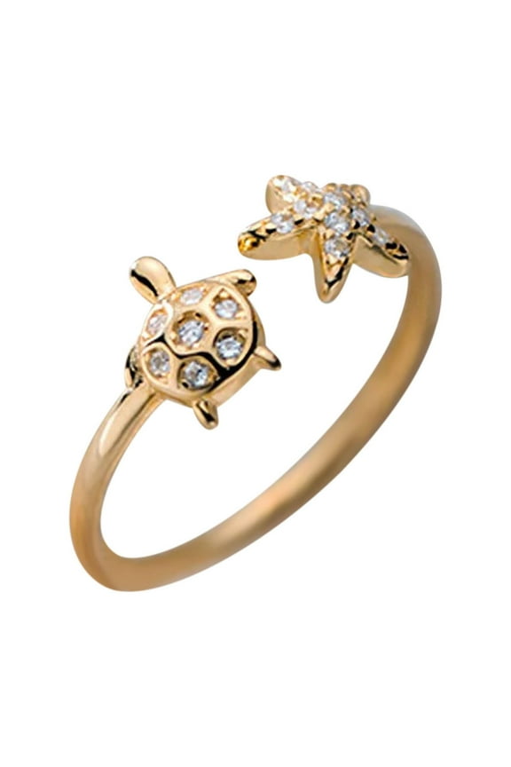 Cute Turtle Starfish Open Rings for Women Dainty Silver Plated Animals Adjustable Statement Cubic Zirconia Knuckle Rings Thin Tiny Finger Rings for Her Daughter Best Friend