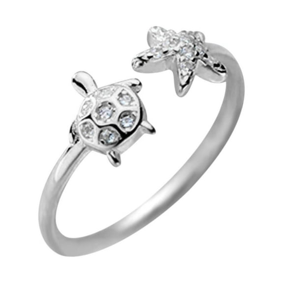 Guodhu Cute Turtle Starfish Open Rings for Women Dainty Silver Plated Animals Adjustable Statement Cubic Zirconia Knuckle Rings Thin Tiny Finger Rings for Her Daughter Best Friend