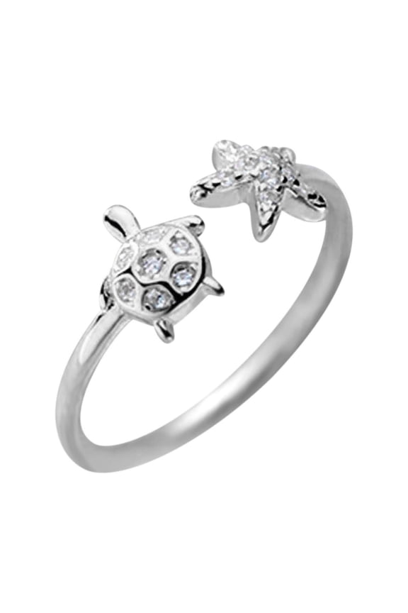 Cute Turtle Starfish Open Rings for Women Dainty Silver Plated Animals Adjustable Statement Cubic Zirconia Knuckle Rings Thin Tiny Finger Rings for Her Daughter Best Friend