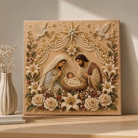 Guodhu DIY Christmas Pearl Diamond Art Kit, Pearl Painting Art Kit for Adults and Beginner, DIY Jesus Nativity Diamond Art Kit, Christian Mosaic Craft Kits for Home Wall