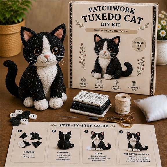 Guodhu DIY Patchwork Kitty Craft Kit – Sewing Stuffed Animal Making Set for Beginners Kids Adults Handmade Plush Toy Project(A)