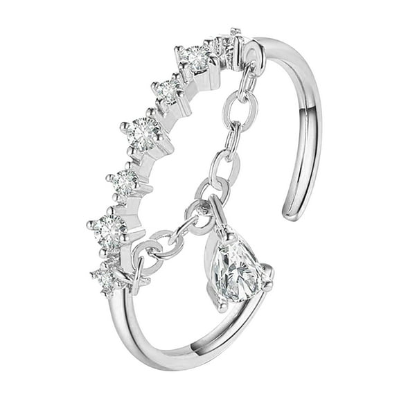 Guodhu Dainty CZ Dangle Teardrop Chain Ring for Women Silver Cubic Zirconia Diamond Adjustable Statement Wedding Engagement Anniversary Rings Eternity Finger Band Jewelry Gifts for Her Mom Wife