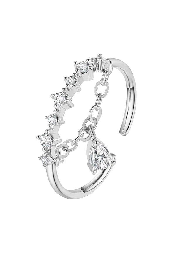 Dainty CZ Dangle Teardrop Chain Ring for Women Silver Cubic Zirconia Diamond Adjustable Statement Wedding Engagement Anniversary Rings Eternity Finger Band Jewelry Gifts for Her Mom Wife