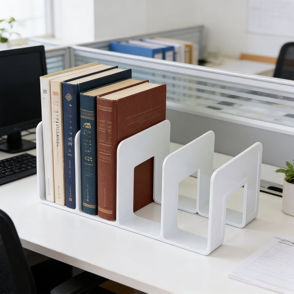 Guodhu Desktop 4-Compartment Book Stand, Plastic Organizer with Divider Slots for Secure Book Storage, Sturdy Load-Bearing Shelf for High School Student Kids(White)
