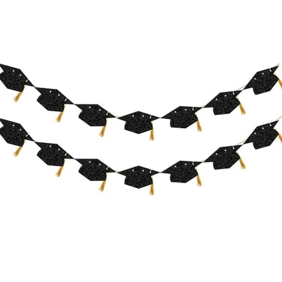 Guodhu Double Layer Mortarboard Banner Glitter Graduation Garland, Pre-Assembled Cap Tassel Bunting for High College Grad Party Photo Backdrop Classroom Decor(Black R)