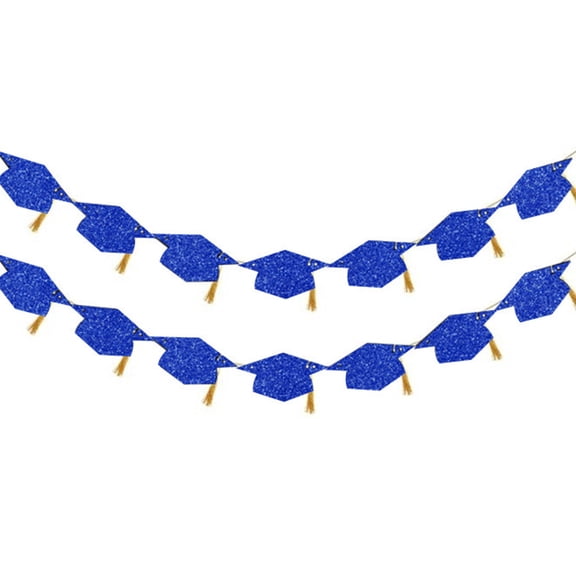 Guodhu Double Layer Mortarboard Banner Glitter Graduation Garland, Pre-Assembled Cap Tassel Bunting for High College Grad Party Photo Backdrop Classroom Decor(Blue S)