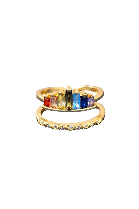 Eternity Rainbow Ring Silver Gold Plated Multi Color Created-Gemstone Rainbow Ring, Stackable Ring, Cubic Zirconia for Women Adjustable Open RingsWedding Band for Women, Gift for Her