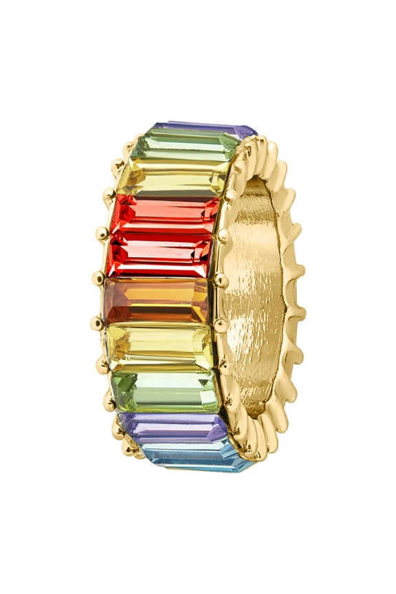 Eternity Rainbow Ring Wedding Band for Women Men Gold Plated Emerald-Cut Rainbow Multi Color Birthstone Eternity Stackable Rings, Gift for Her Him