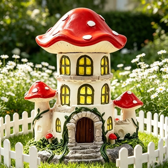 Guodhu Fairy Tale Mushroom Castle Resin Figurine Cute Fantasy Garden Statue Mixed Material Miniature Ornament for Outdoor Lawn Patio(Red)
