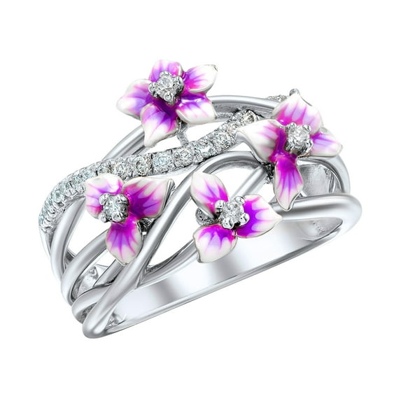 Guodhu Fashion Crystal Flower Ring Elegant Zirconia Statement Rings Uniquely Stylish Creative Engagement Ring Jewelry for Women Silver Plated