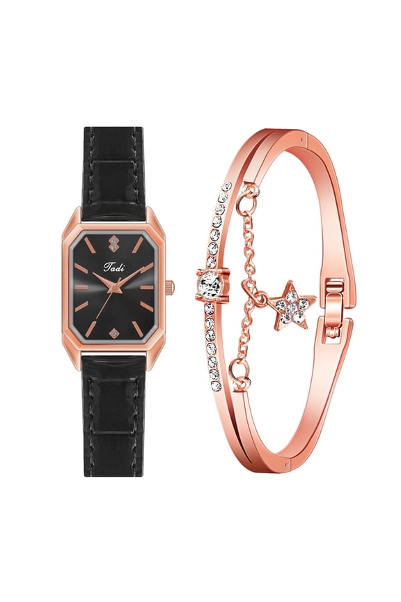 Fashion Rose Gold Bangle Bracelets Watches with Leather Strap Casual Dress Watch Set for Women Sparking Cubic Zirconia Crystal Bracelet Jewelry Gifts