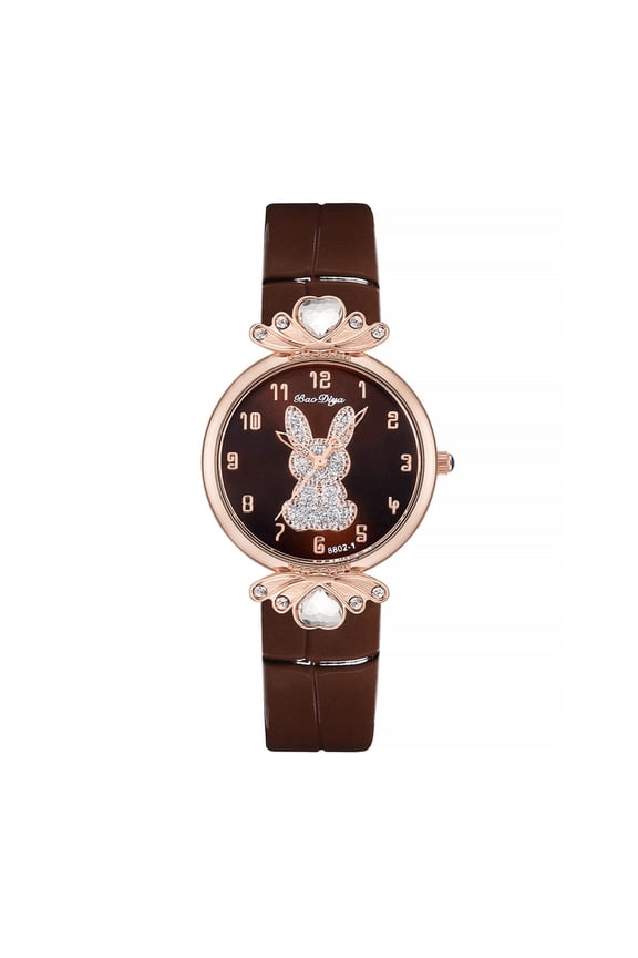 Fashion Womens Leather Wrist Watch Cute Rabbit with Floated Heart Crystal Analog Quartz Dress Watch