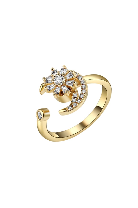 Fidget Moon Ring for Anxiety Women Golden Crystal Rings Open Adjustable Cubic Zirconia Rings Fidget Ring Spinner Moon Ring for Women Trendy Jewelry