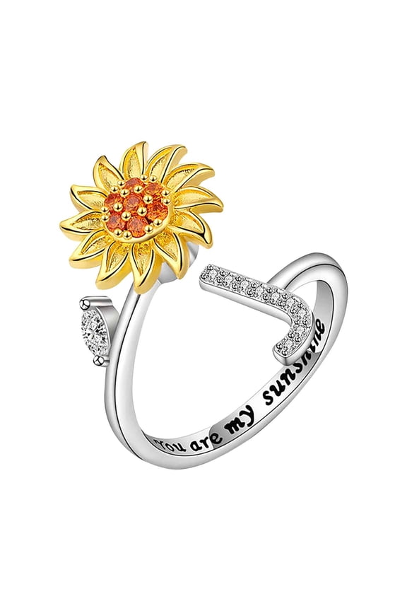 Fidget Ring for Anxiety Women- Sunflower Initial Letter Ring, Spinner Ring with CZ & Daisy Design , Adjustable Open Ring - Stressed Reliever Jewelry Gift for Women Birthday Mothers Day