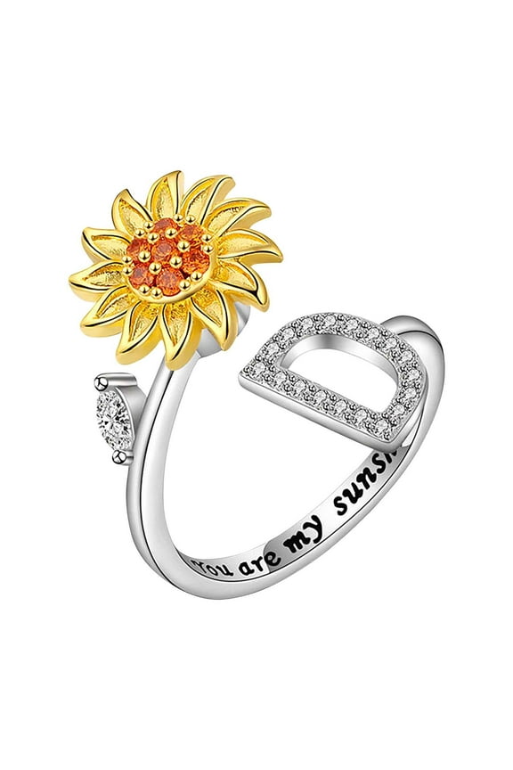 Fidget Ring for Anxiety Women- Sunflower Initial Letter Ring, Spinner Ring with CZ & Daisy Design , Adjustable Open Ring - Stressed Reliever Jewelry Gift for Women Birthday Mothers Day