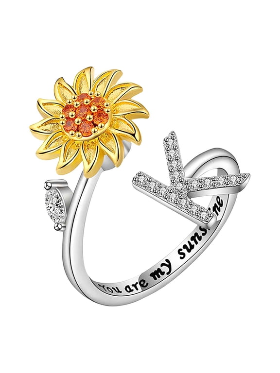 Fidget Ring for Anxiety Women- Sunflower Initial Letter Ring, Spinner Ring with CZ & Daisy Design , Adjustable Open Ring - Stressed Reliever Jewelry Gift for Women Birthday Mothers Day