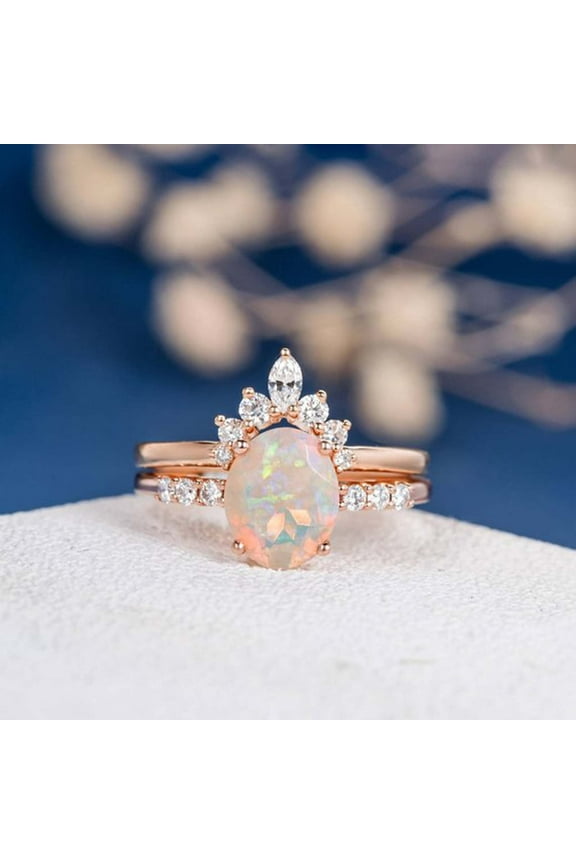 Forever Love! Oval White Opal CZ Rose Gold Engagement Set – Stackable Wedding Rings for Her | Perfect Valentine’s/Bridal Shower Gift with Timeless Elegance