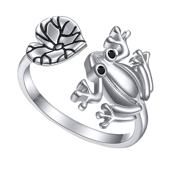 Guodhu Frog Ring Lotus Leaf Heart Rings for Women Personality Silver Adjustable Wrap Open Heart Ring