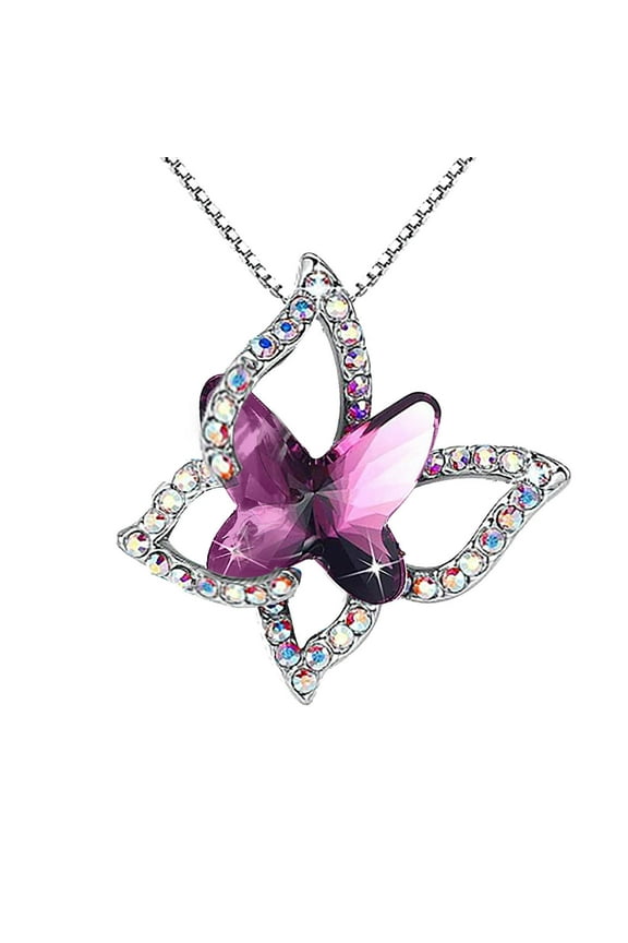 Gift Butterfly Birthstone Crystal Necklace, Silver Tone Bohemia Necklace for Mother’s Day Anniversary Birthday Gifts for Women and Daughter