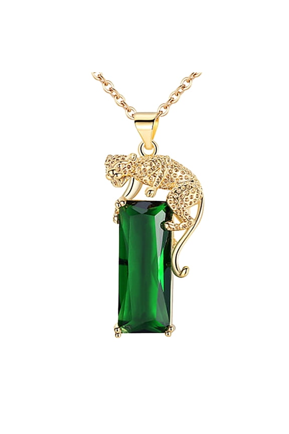 Gold Plated Green Crystal Leopard Pendant Necklace, Women Mens Hip Hop Punk Created Emerald Panther Necklace Jewelry