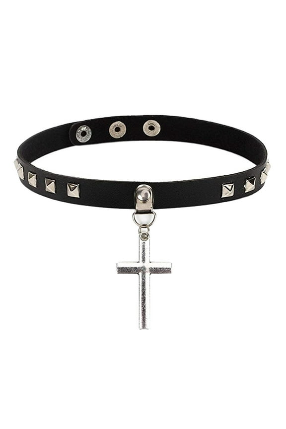 Gothic Cross Choker Necklace Black Geometric Leather Collar Necklace With Rivet Studded Spike,Fashion Punk Jewelry for Women