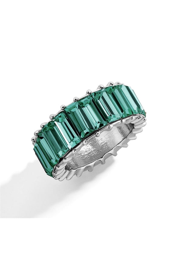 Green Emerald Band Silver Plated Rectangle Emerald Cut Eternity Band CZ Cubic Zirconia Diamond Stimulant Ring Perfect Wedding Band & Engagement Anniversary Mothers Day Gift
