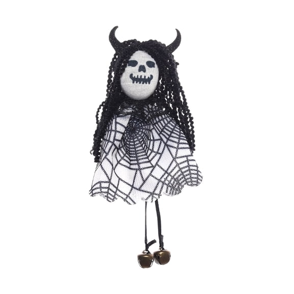 Guodhu Halloween Hanging Tree Ornament Creepy Ghost Face Doll with Spider Web Dress and Golden Bells for Party Home Indoor Decor(B)