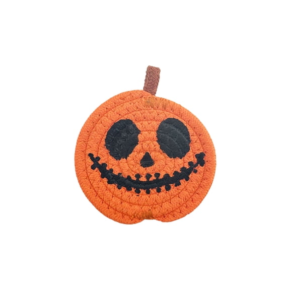 Guodhu Halloween Pumpkin Macrame Coaster Set of 1, Handmade Cotton Rope Trivet Jack-o-Lantern Face 4.9x4.5 Inch, Fall Cotton Coaster for Hot Cups, Pumpkin Rope Mat for Halloween Table Decor(A)