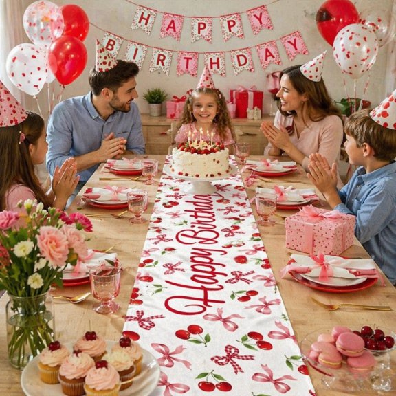 Guodhu Happy Birthday Table Runner 36x108 Inch Mixed Material Party Decor for Festive Celebration(Multicolor S)