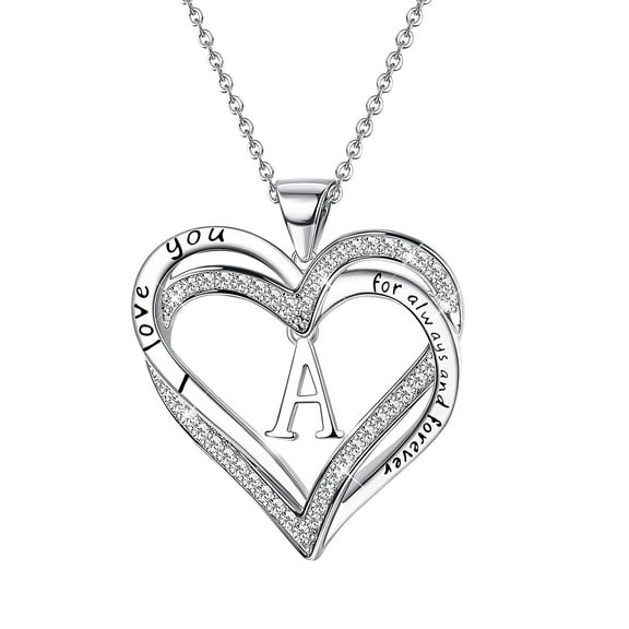 Guodhu Heart Initial Necklace Gift for Women, Silver Plated Initial Letter Pendant Necklace I love you Engraved Necklace Christmas Anniversary Birthday Jewelry Gifts for Wife Girlfriend Her Mom