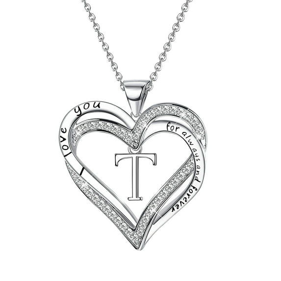 Guodhu Heart Initial Necklace Gift for Women, Silver Plated Initial Letter Pendant Necklace I love you Engraved Necklace Christmas Anniversary Birthday Jewelry Gifts for Wife Girlfriend Her Mom