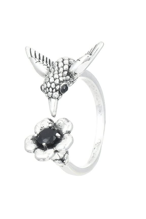 Hummingbird and Flower Adjustable Ring Silver Plated Flower Open Ring Jewelry Gift for Women Wife Daughter Mom