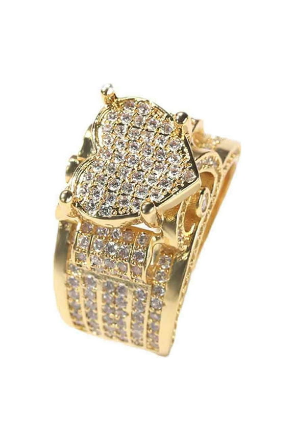 Guodhu Iced Out Heart Pinky Ring for Women Men – Chunky Gold/Silver Hip Hop Bling Fake Diamond Wide Band | Rapper Fashion Jewelry & Statement Accessory