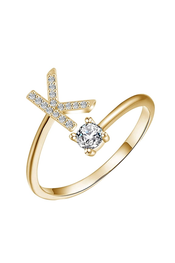 Initial Letter Open Ring for Women Gold Stackable Alphabet Rings A-Z with Initial Crystal Inlaid Initial Rings Gifts Adjustable